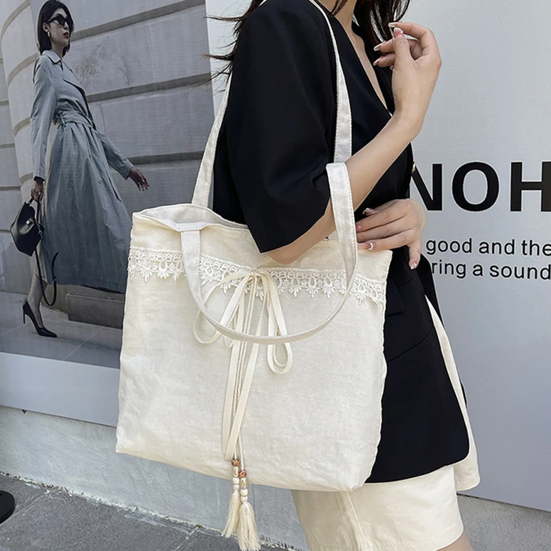 

HAEX Vintage Artistic Tote Bags Women 2025 Casual Daily Light Commute Shoulder Bag Female Trend Designer Lace Tassel Bolso Mujer