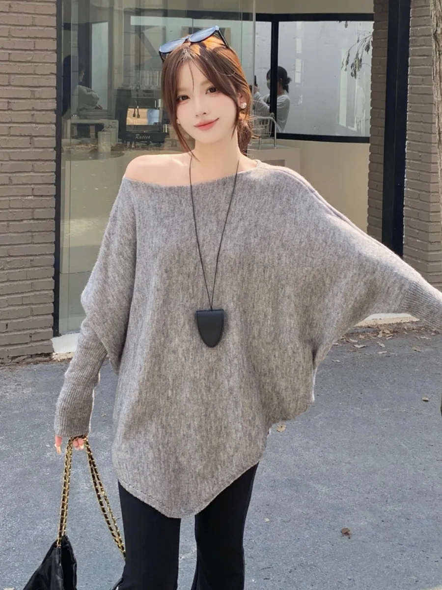 

Вязаный свитер с остями больших размеров, нерегулярный дизайн, чистый цвет, эффект похудения, женский осенний новый повседневный свободный крой