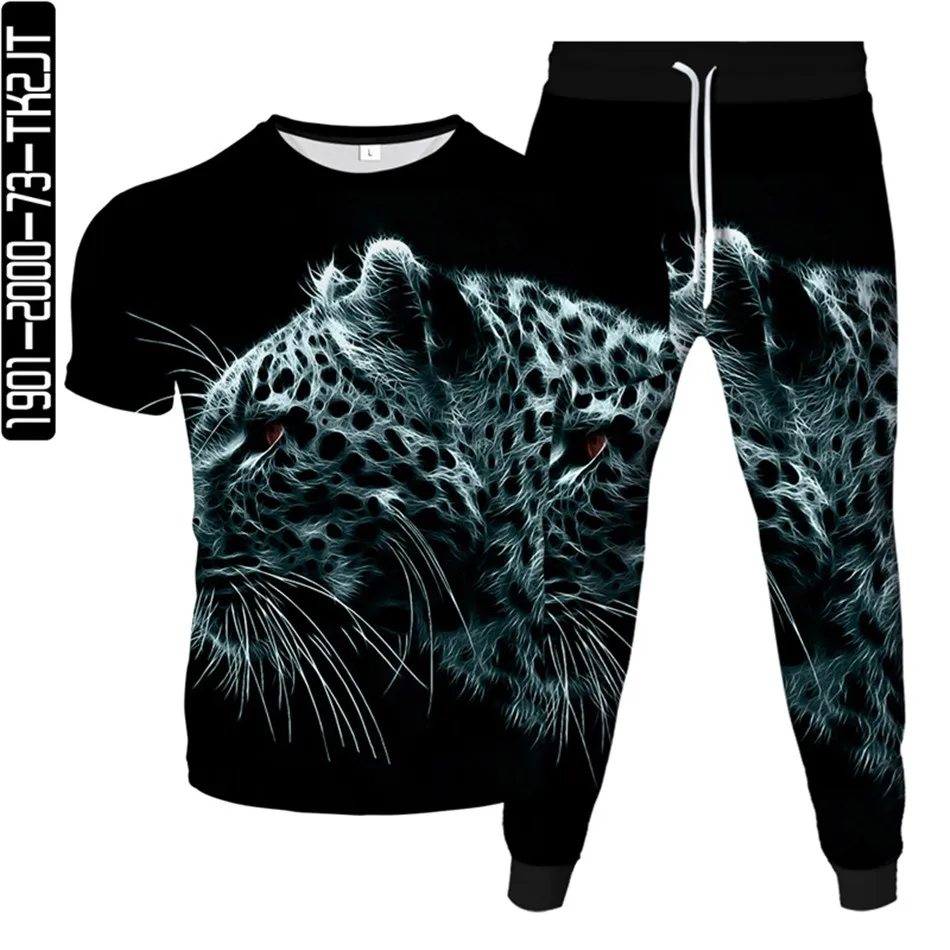 Homens e mulheres 3D Print Animal Leopard Fato de treino, masculino, feminino T-Shirt, Calças, Terno Plus Size, Vestuário, S-6XL, Moda, 2 peças