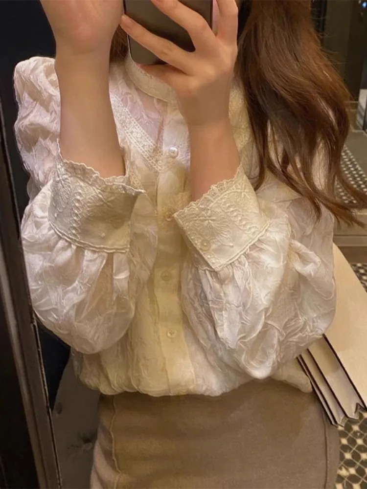 

Женская кружевная основа irt, весенне-осенняя верхняя одежда, внутренний воротник с рюшами, тонкий топ Bubble Sve irt, зимняя мода, корейский ...