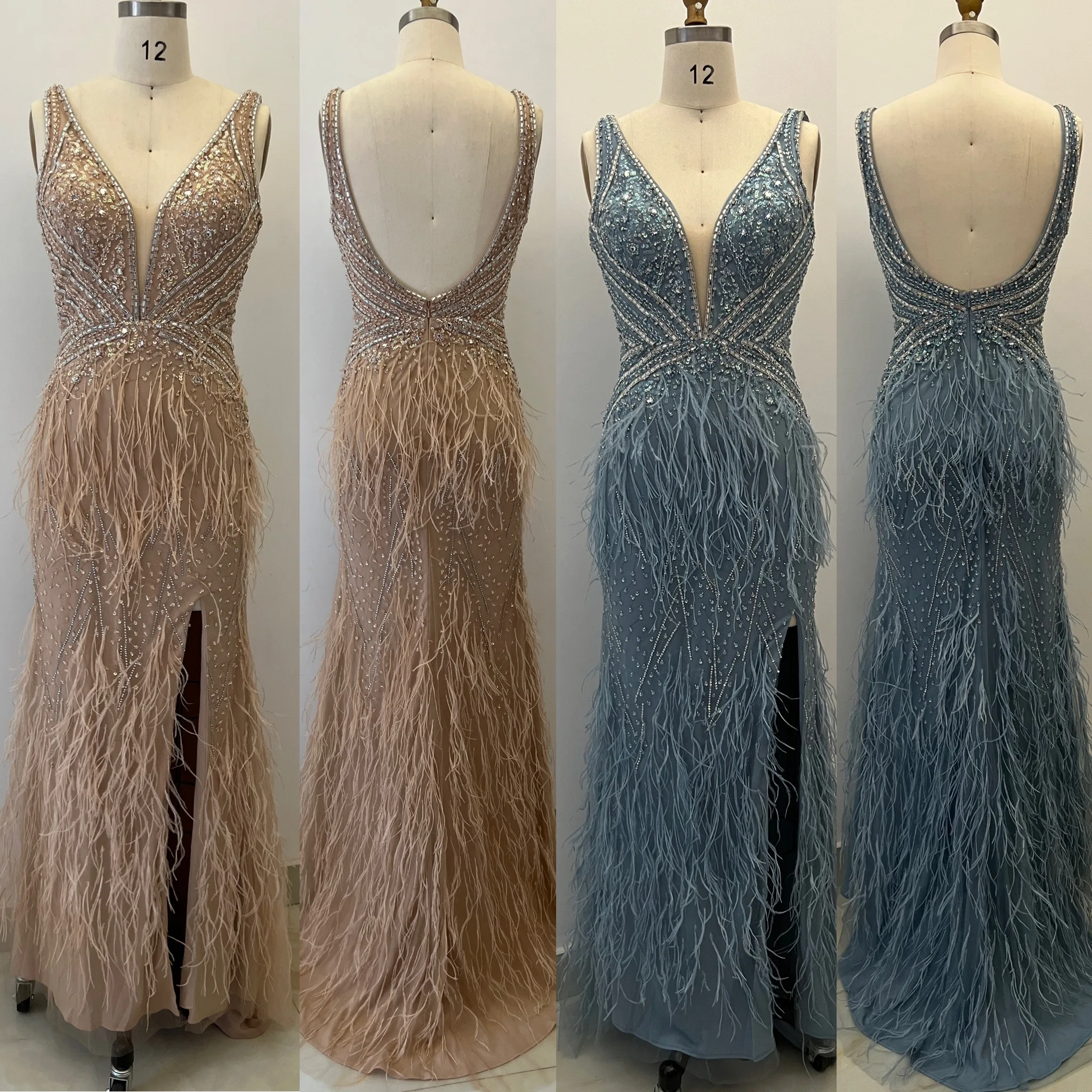 2022 New Handmade Beading Mermaid Evening Dresses With Feathers Sexy Split Long Evening Gowns For Women Party