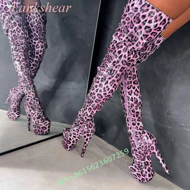 Multi Color Leopard Women\'s Boots Crotch Thigh High Platform Hot Sexy Girl High Heels Stilettos Custom Fit Boots Large Size