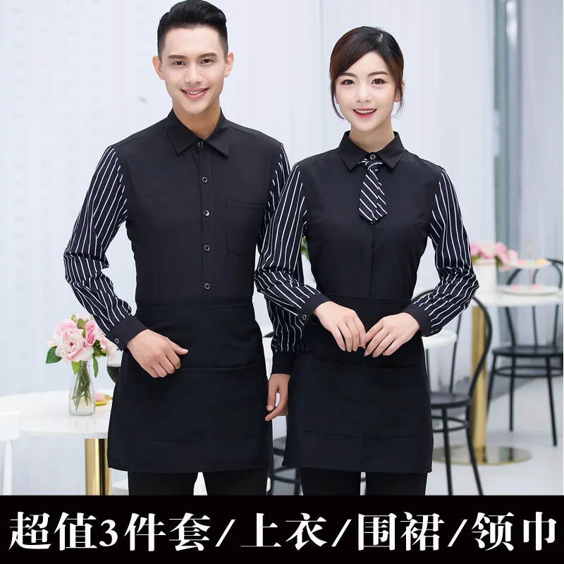 Seragam Kerja Hotel Koleksi Musim Gugur Musim Dingin Bar Kemeja Bergaris Hitam untuk Bartender Pelayan Klub MalamKTVPakaian Uniseks Lengan Panjang