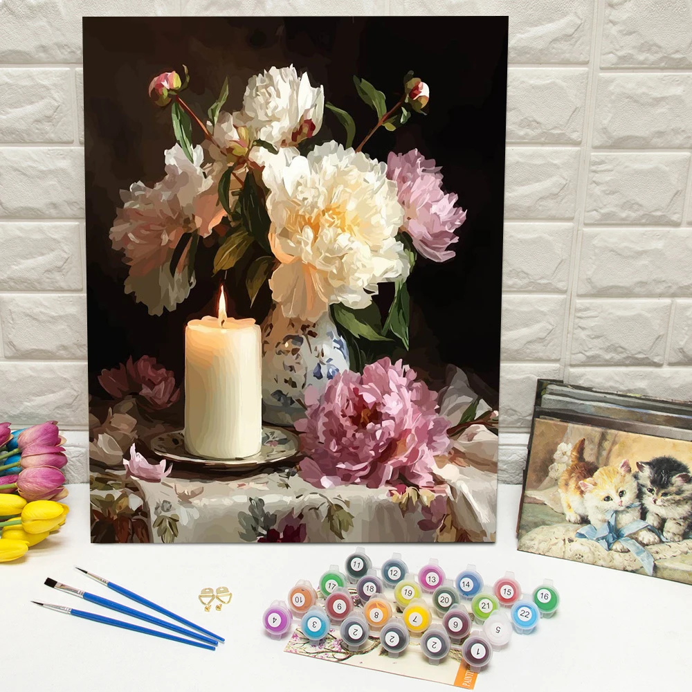 Ölgemälde nach Zahlen Blumen DIY Malen nach Zahlen Vase Digitales Ölgemälde Kerzenmalerei auf Leinwand-Set Handgemaltes Geschenk