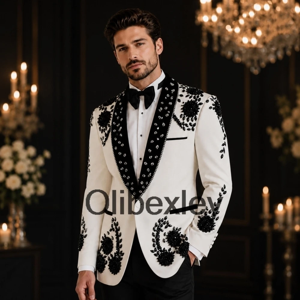 Olibexley Luxury Navy Blue 2 Pieces Sets Men's Suits Diamond Crystal Beaded Groom Wedding Blazers Ropa Hombre Customized S263