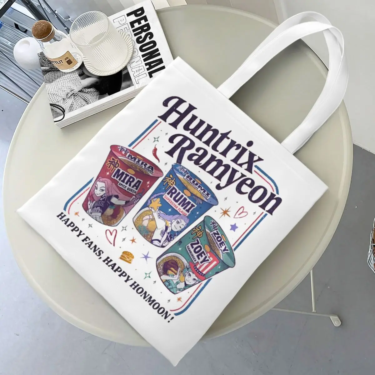 Kpop Demon Hunters película inspirada Noodle Merch bolso de mano de lona para mujer estilo Simple Huntrix Ramyeon bolsas de compras Handbang