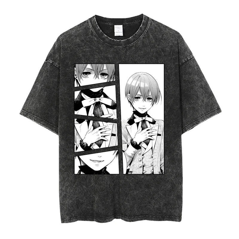 Japanese Hot Anime Black Butler Michaelis Sebastian Washed T-shirt Personality Clothes Oversized Unisex Year Round Clothing Soft