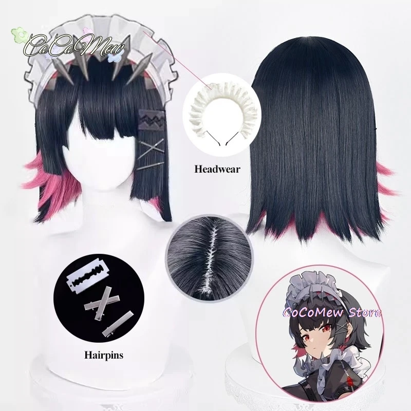 Game Zenless Zone Zero Ellen Joe Cosplay Pruik 30 cm Zwart Donkerrood Mix Kort Synthetisch Haar Haipin Hoofddeksels Vrouwen Mannen Halloween