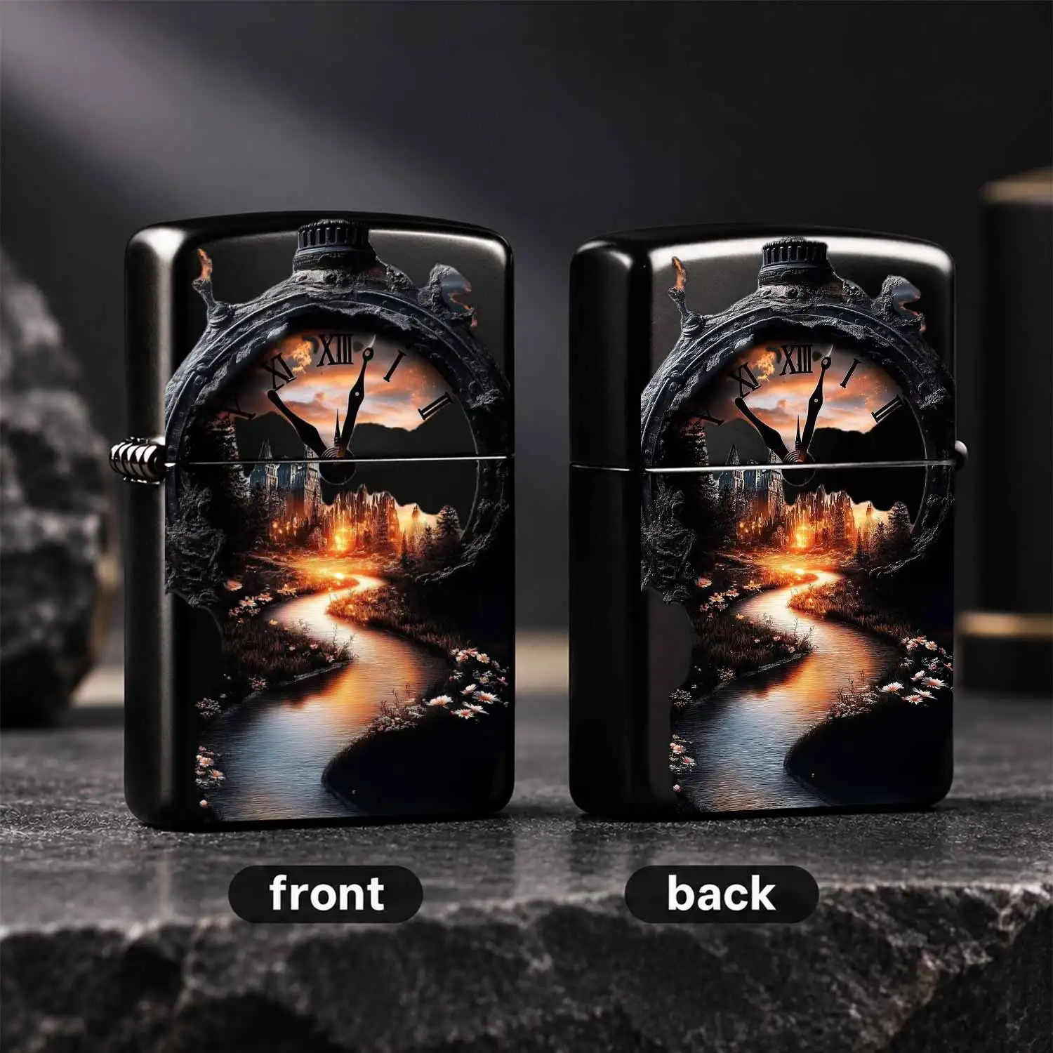 Retro Steampunk Hollow Clock Landscape Lighter, Artistic Dial Hidden With Fantasy Dusk River Valley Castle Imagery, Stylish Portable Daily Item, Suitable For Outdoor Leisure, Daily Outing And Various Scenarios, Practical Creative Gift With