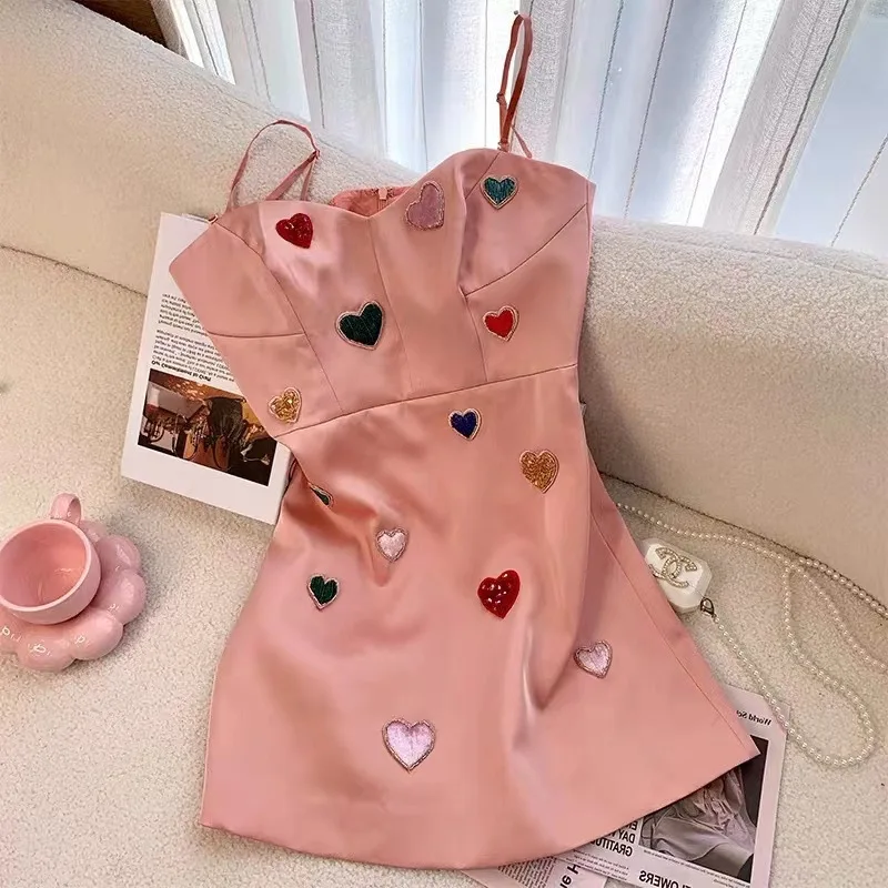 Small Fragrant Wind Pink Love Beaded Slim Waist Suspender Dress For Women Summer Sweet Niche Sexy Party Dresses s171