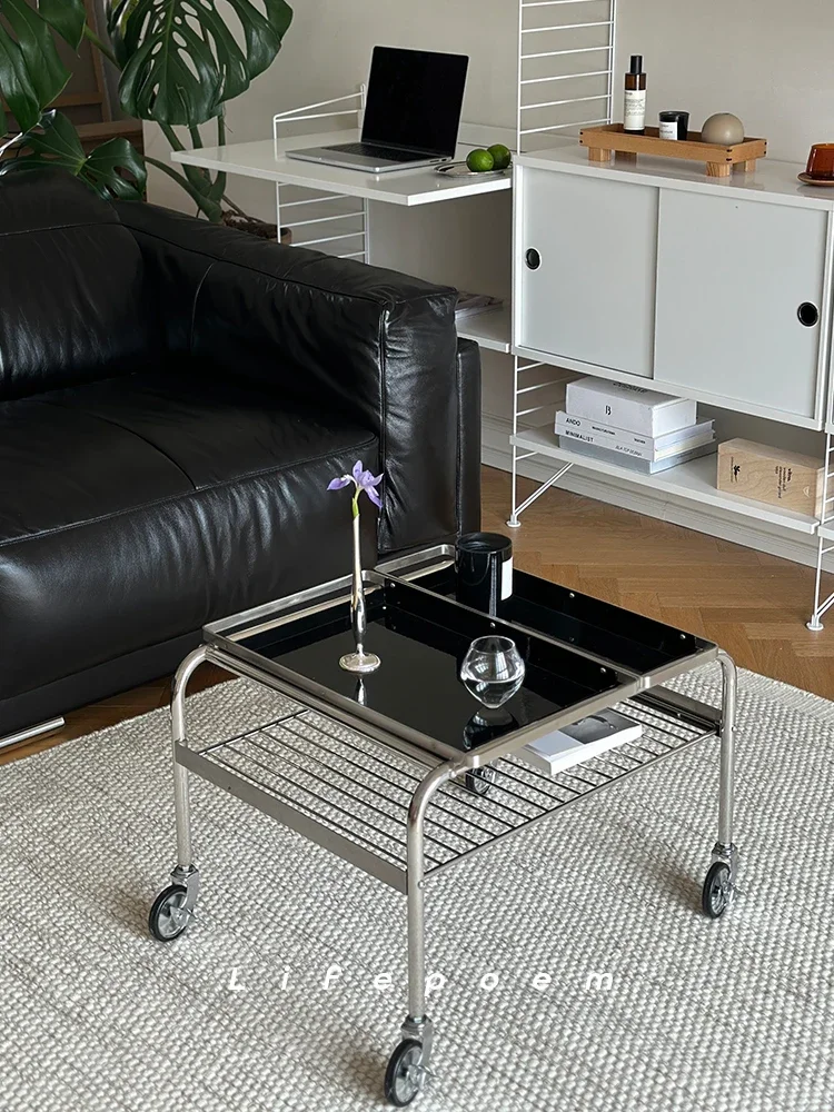 

Medieval style removable stainless steel coffee table trolley simple light luxury sofa side double layer with tray rack