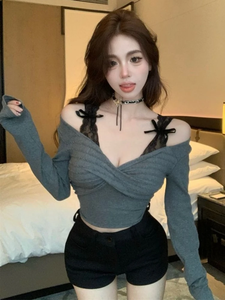 Camisetas Y2k de encaje de retales estéticos para mujer, camisetas de manga larga Grunge con agradable arco picante, ropa de calle recortada, camisetas ajustadas