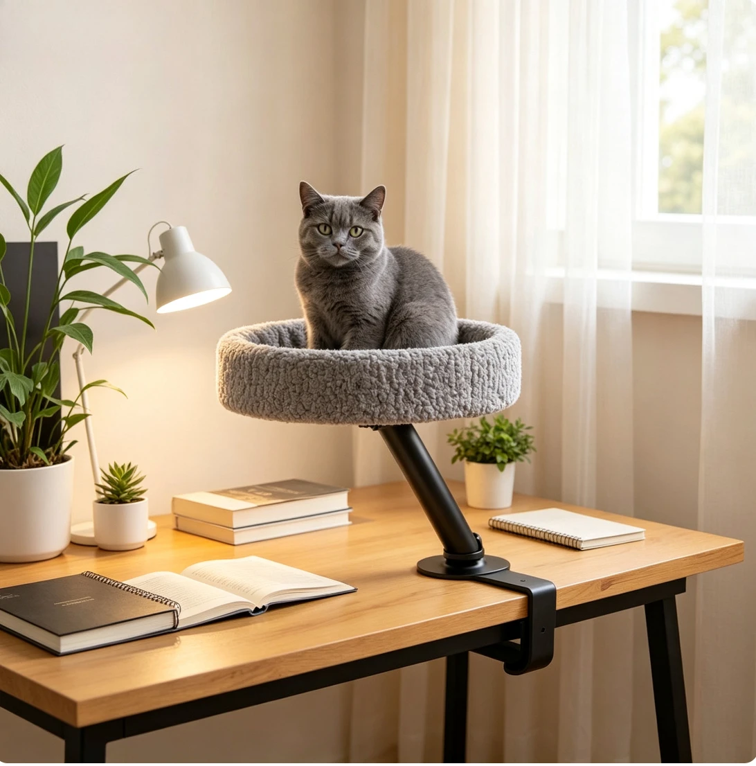 Hanging Suspended Cat Bed for Desk, Office Desktop Cat Perch Cat Hammock, Space‑Saving Cat Furniture view 3