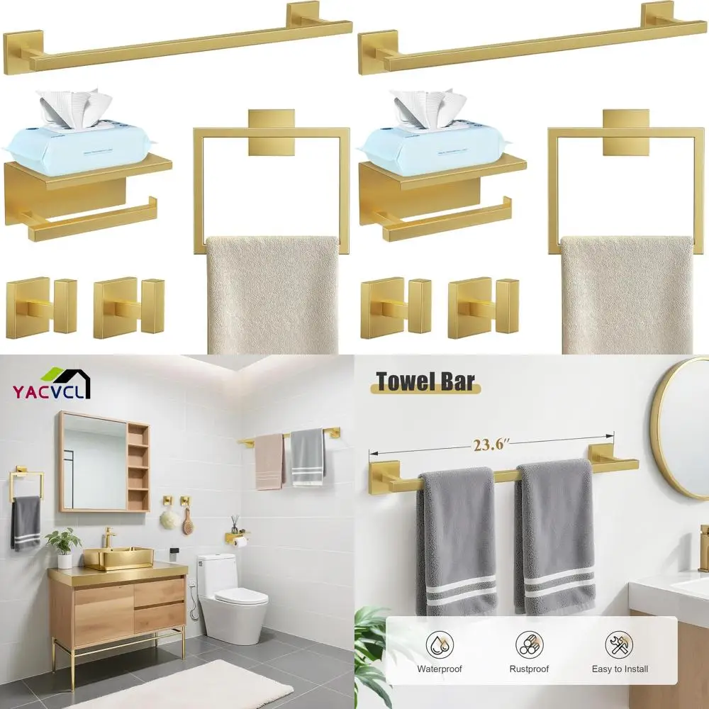 

Stainless Steel Brushed Gold Bathroom Hardware Set with Towel Bar, Holder, and Toilet Paper Shelf, Wall-Mounted, 23.6 Length