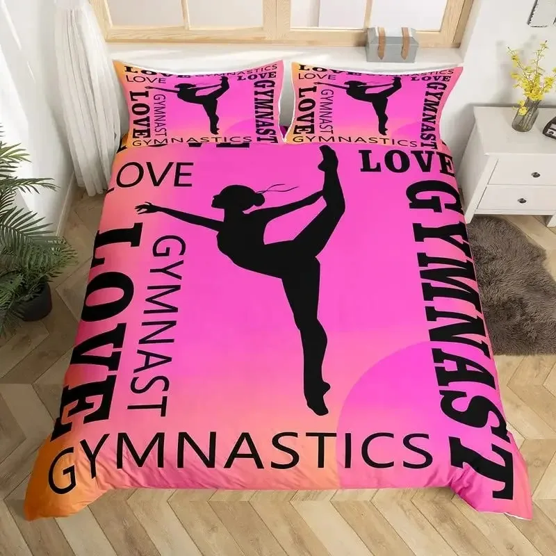 

Love Gymnastics King Queen Duvet Cover Floor Exercises Ballet Bedding Set Neon Pink Dance Comforter Cover Polyester Quilt Cover