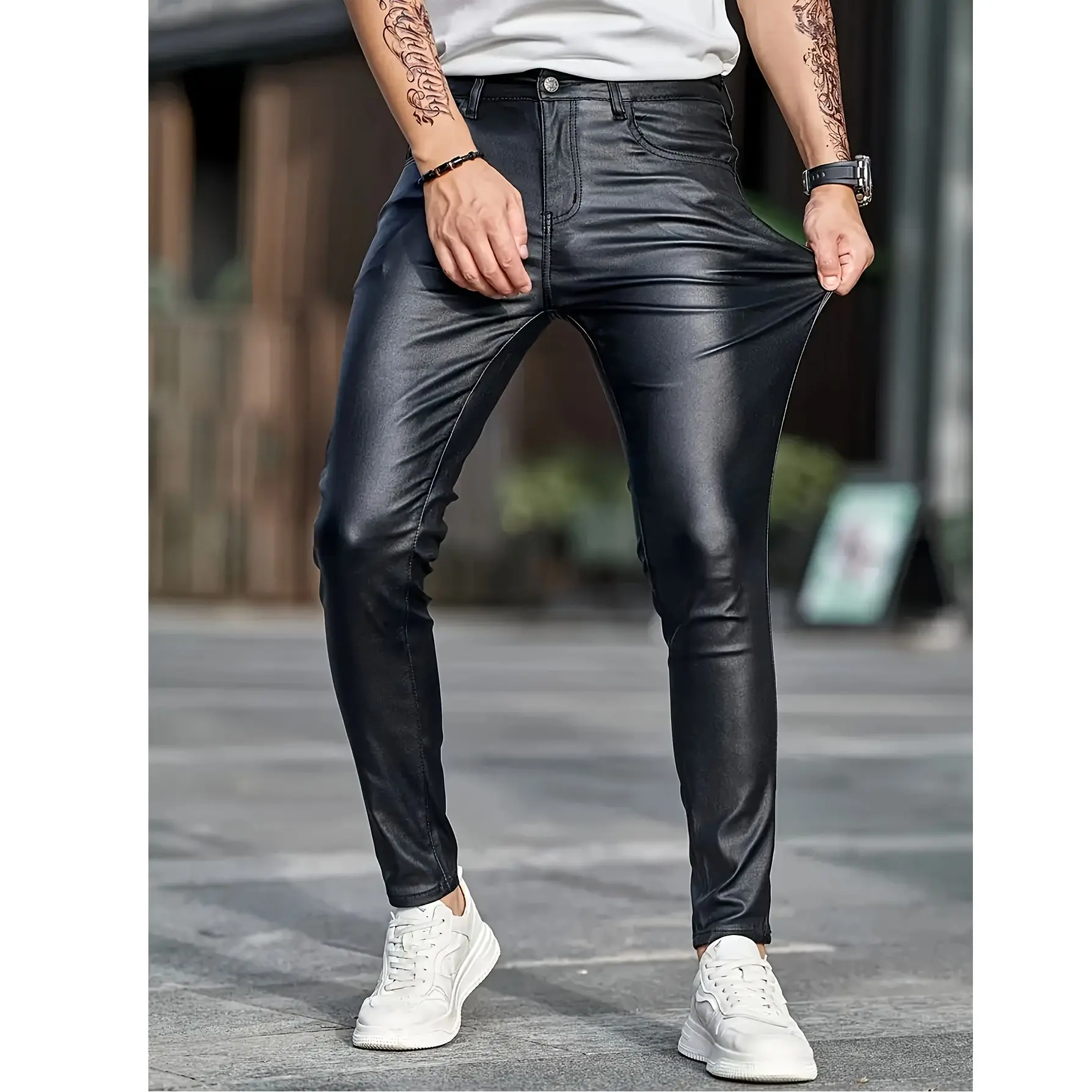 European and American men's plus size hot fashion black leather pants trend high-end slim fit small leg pants versatile pants