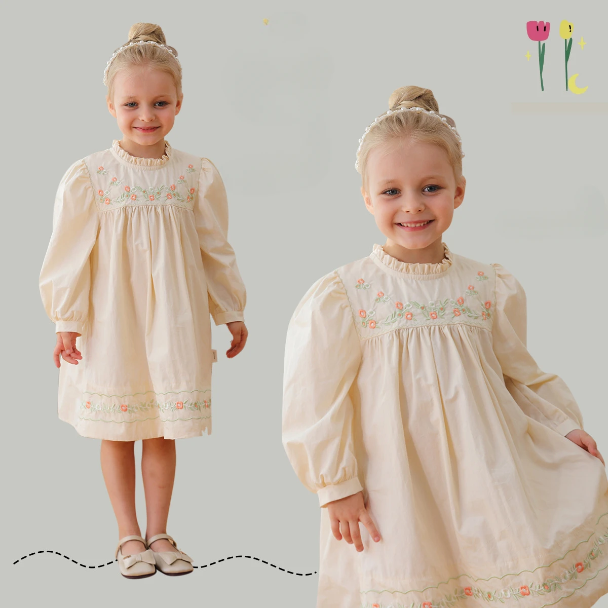 Korean Children\'s Clothing Flower Embroidery Bubble Sleeve Girls\' Dress Autumn Stand Collar Lace Long Sleeved Baby Kids Dress