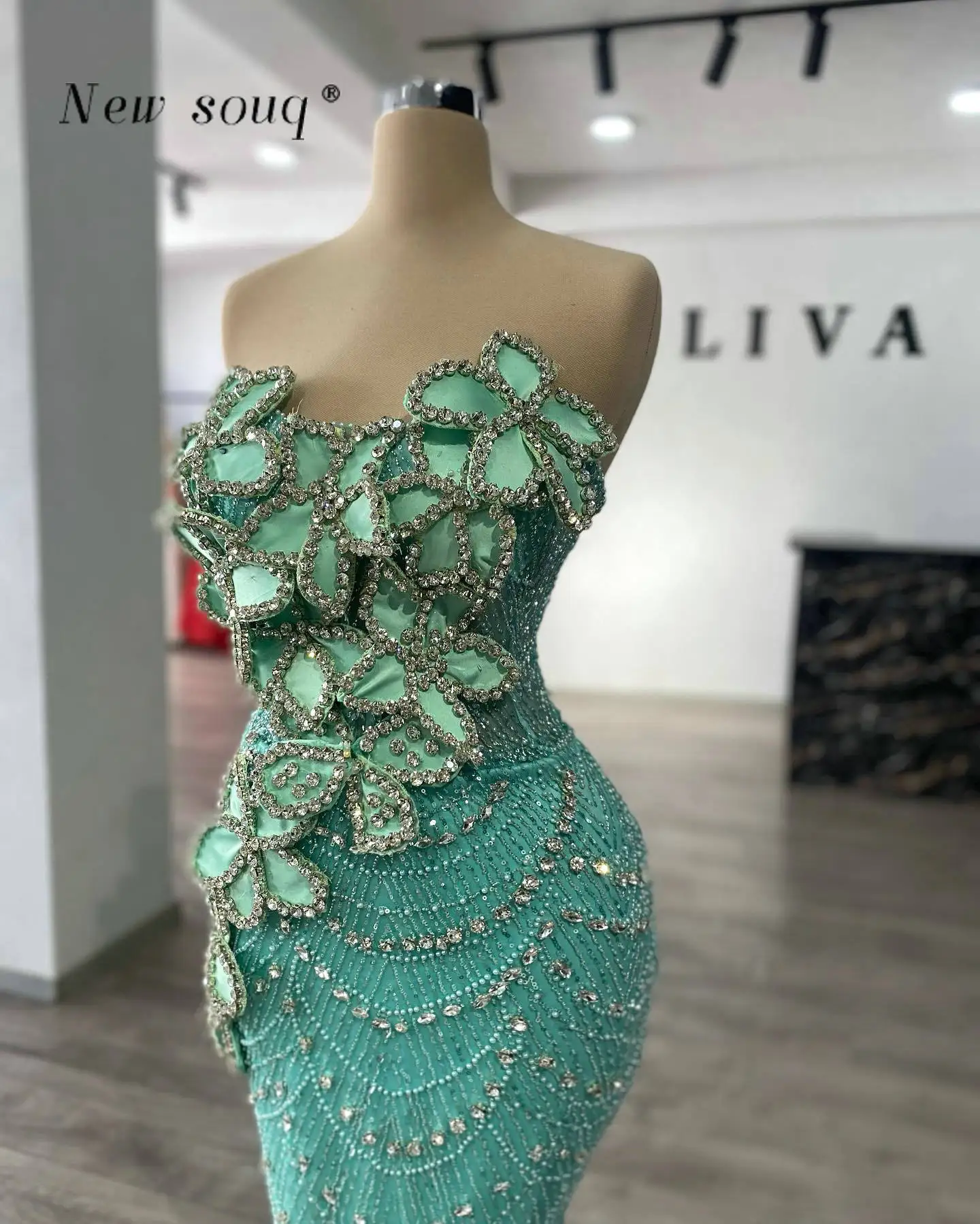 Mint Green Crystals 3D Leaf Design Mermaid Evening Dresses One Shoulder Strap Glitter Sequin Beaded Long Formal Party Gowns