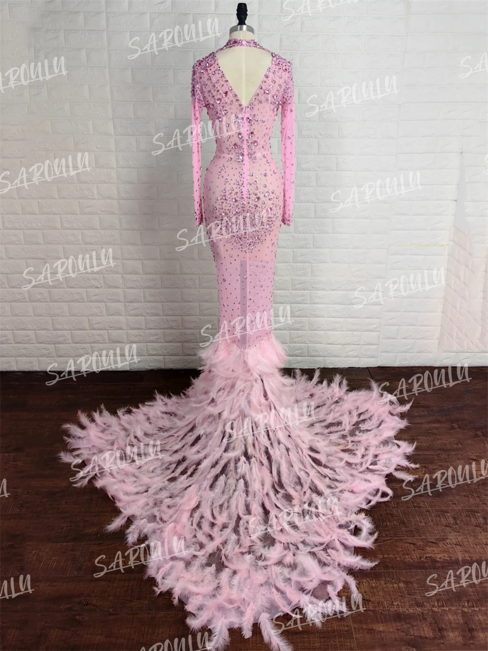 100% Real Image Luxury Mermaid Prom Dress With Rhinestones And Feathers Evening Gown Long Sleeve Party Vestidos De Gala