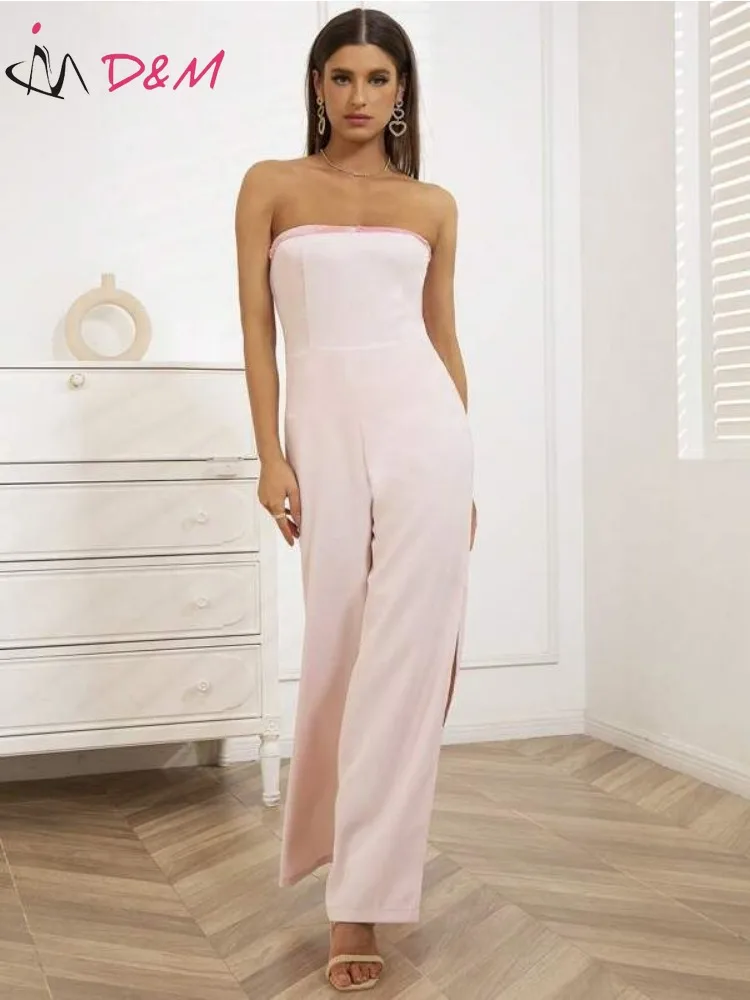 D&M Brand Women Clothing Traf Pink Split Thigh Tube Jumpsuit Overalls for Women Elegant Women's Social Overalls Jumpsuit