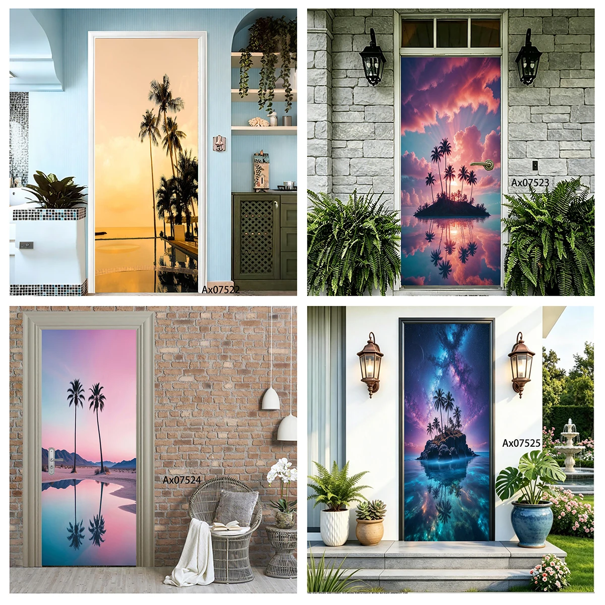 Beach Coconut Palm Door Decal Waterproof Removable Sunset Seaside Clouds Home Interior Entry Door Wall Decor Room Makeover
