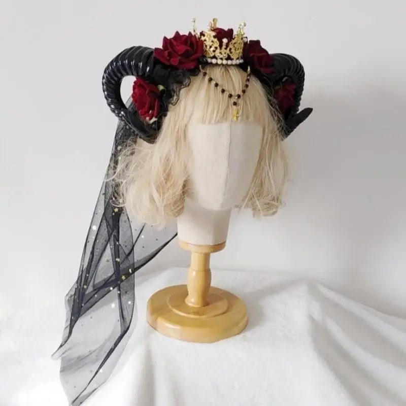 652F ciemna diabeł rogaty obręcz do włosów na kwiat na Halloween obręcz do włosów opaska na imprezę występ sceniczny do