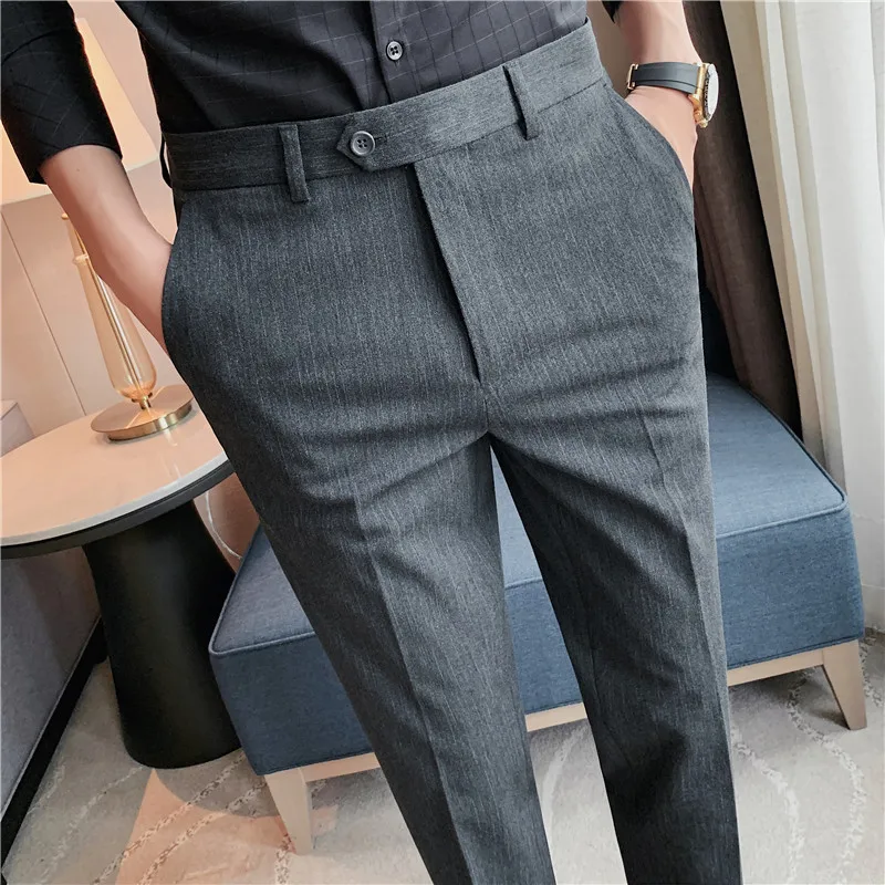 Men Pants Korean Spring Slim Fit Casual High Quality Men Ankle Length Suit Pants Gray Business Formal Social Trousers Streetwear