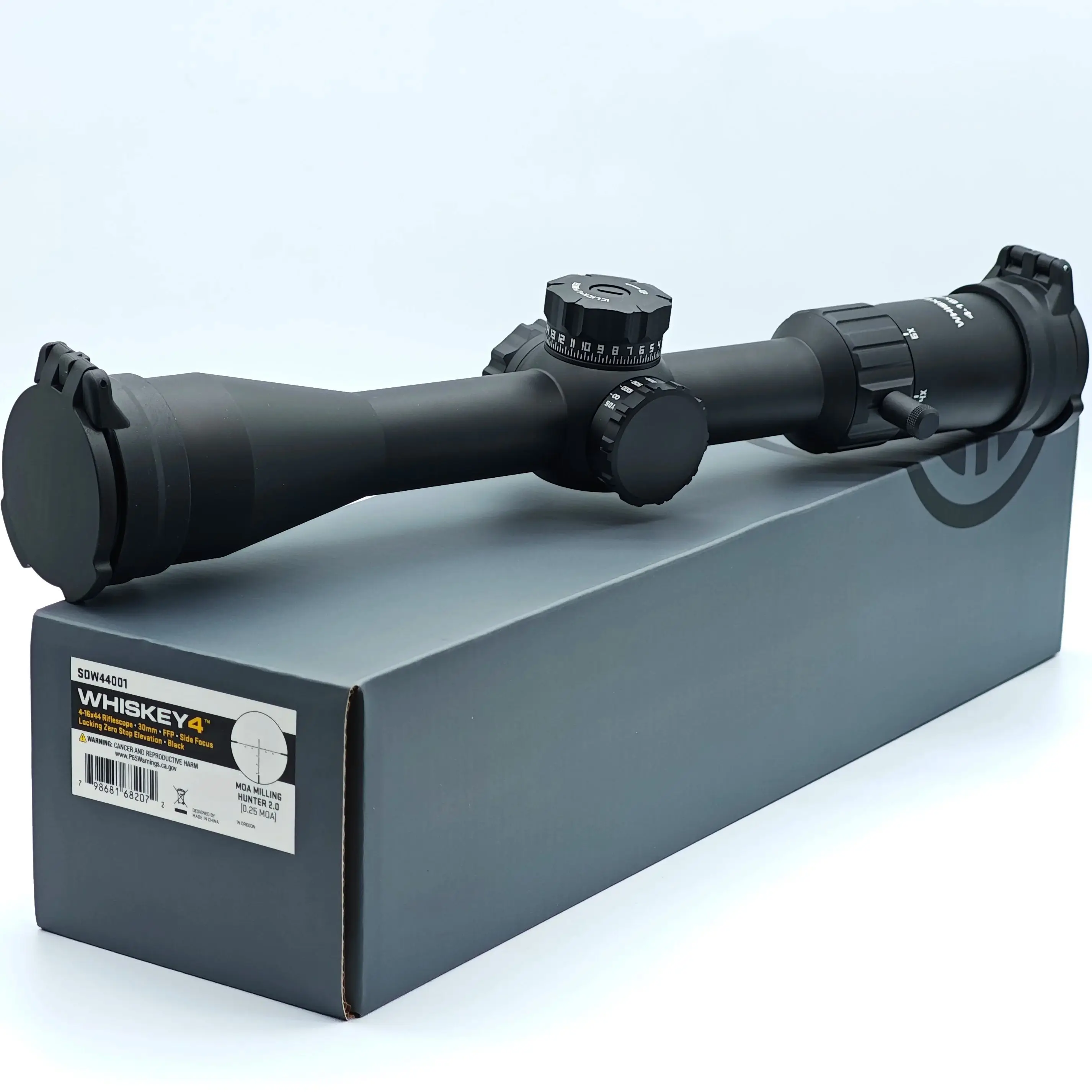 WHISKEY4 4-16x44mm FFP Riflescope: Primeiro avião focal óptico, função Zerostop, tubo de 30mm com tampas flip-back e alavanca de lançamento