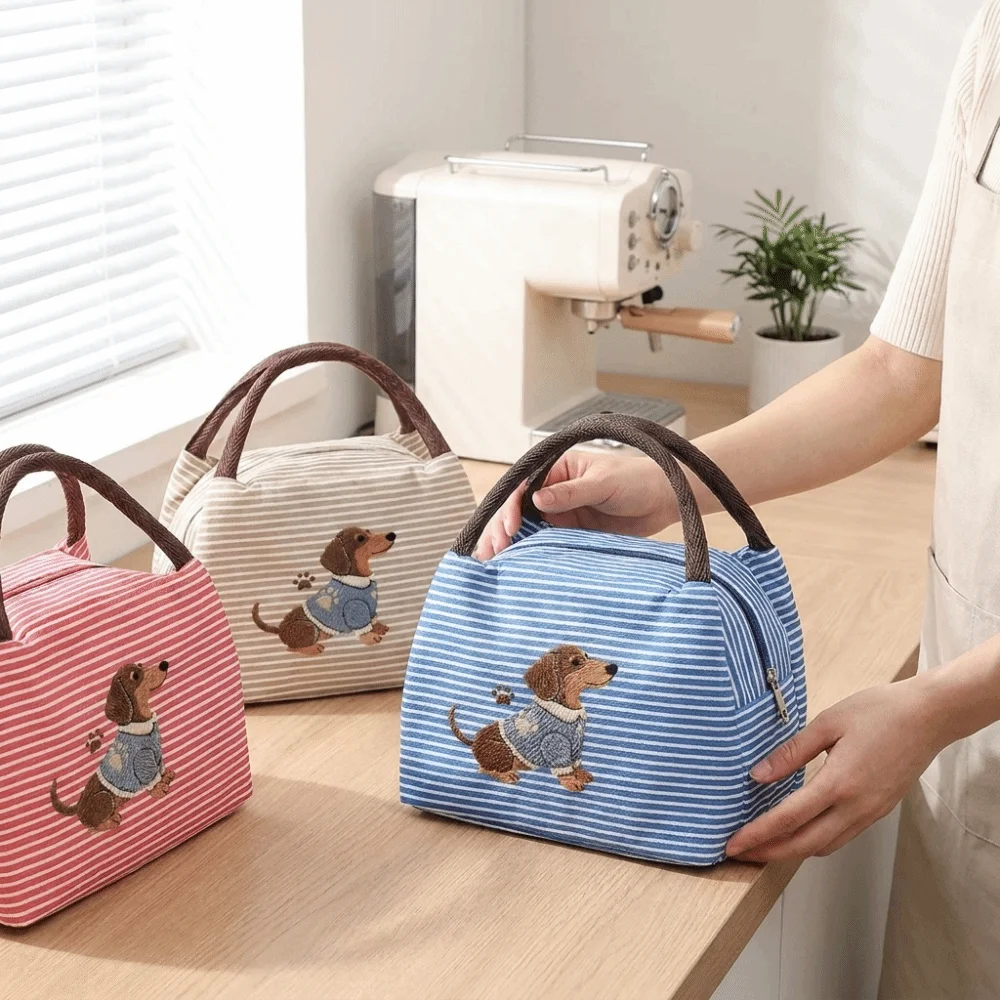 Cute Puppy Embroidery Thermal Lunch Bag Striped Insulated Tote Bag Portable Handheld Food Container Bag Office