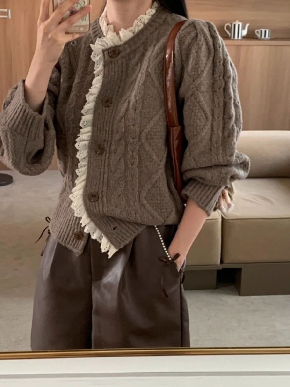 

Retro Women's Knitted Sweater Coat Winter Faion Gentle Lace Trim Button Design Twist Knit Open Cardigan Warm Thermal Long S...