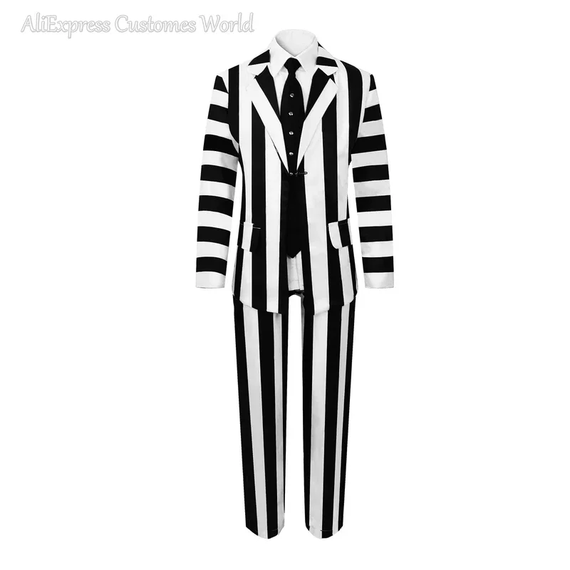 Juice Beetle Suit Movie Michael Keaton Cosplay Costumes Black and White Striped Suit Clown Mask Halloween Costumes for Women Men