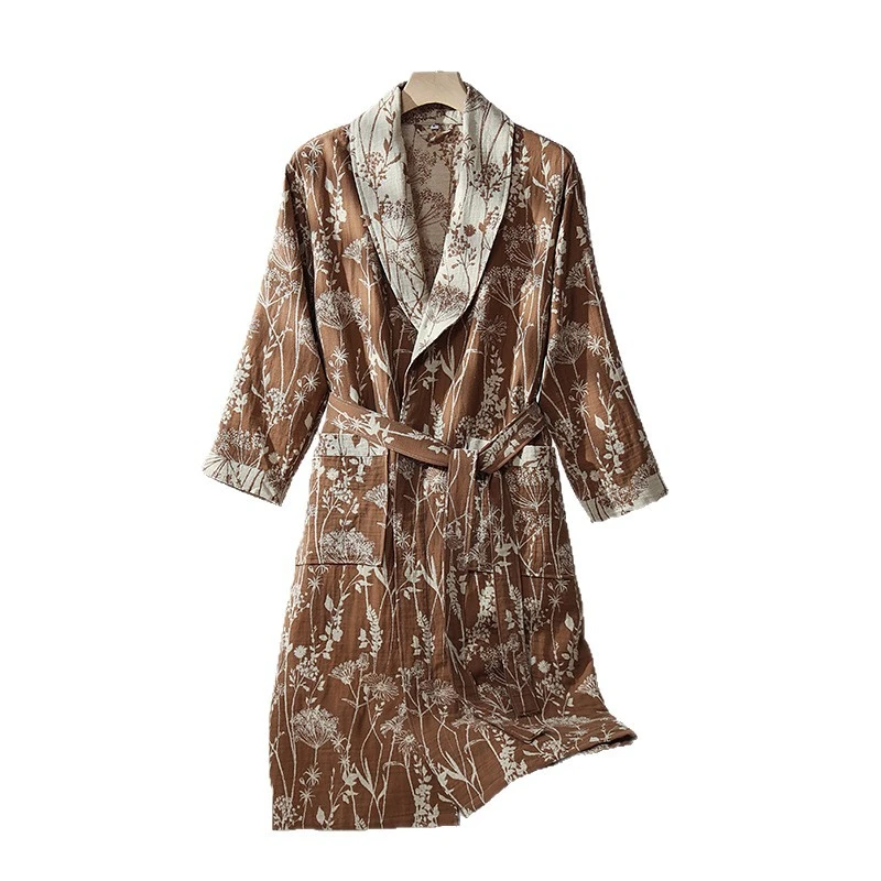 Flower Printed 100% Cotton 2 Layer Gauze Jacquard Bathrobe Men Women Spring Autumn New Water-absorbing Quick-drying Bathrobe