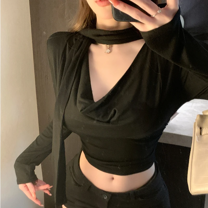 

V-neck Pleated Solid Color All Match Long-sleeved T-shirt Women 2024 Autumn New Korean Lace-up Sexy Slim Casual Crop Tops