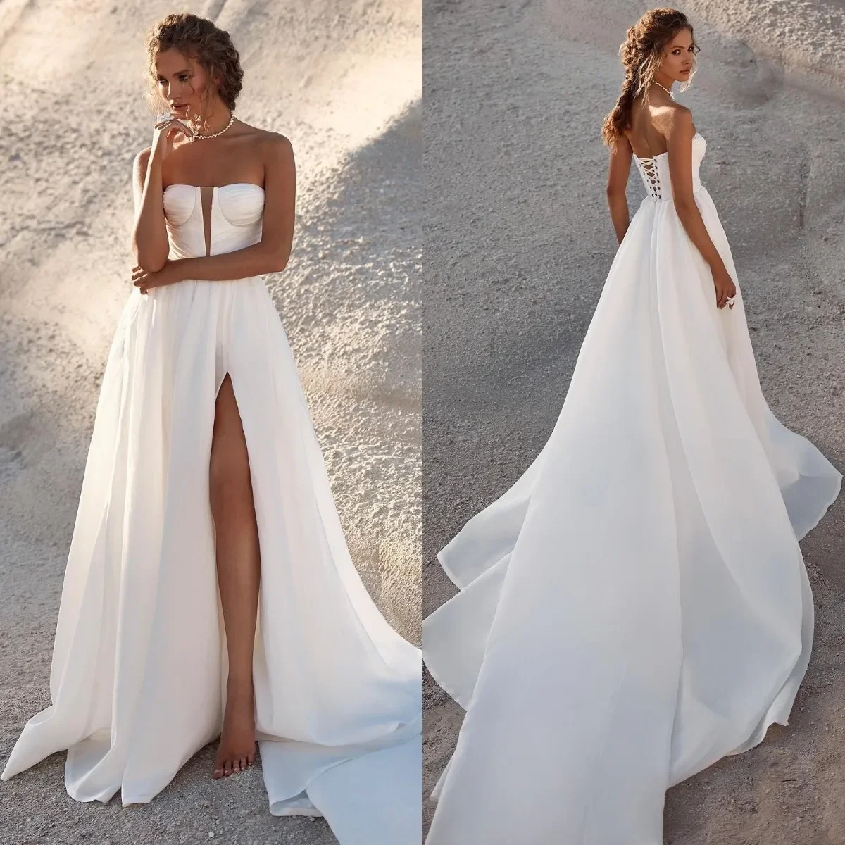 Elegante abito da sposa di lusso a-line semplice sexy senza schienale lunghezza del pavimento elegante da sposa fotografia da spiaggia abito da ballo personalizzato