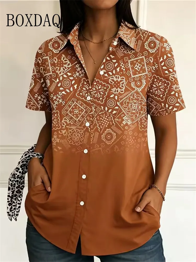 2026 Women's Shirts Geometric Color Block Graphics Blouse Lapel Neck Blouse Women's Short Sleeve Shirts Summer Female Clothing