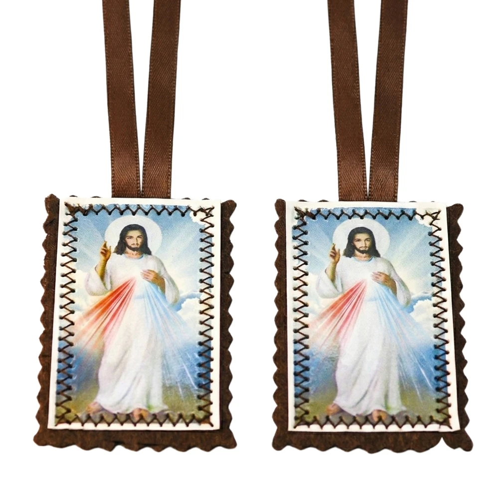 Escapulario de la Divina Misericordia Grande 40x65mm de Tela Marrón, Collar Católico, Joyería Religiosa