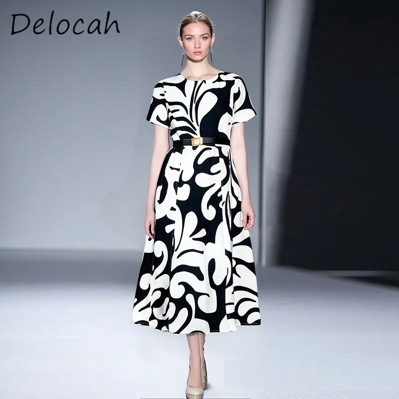 

Deloach Summer New Fashion Women's Cotton Round Neck Geometric Pattern Printed Short Sleeve Belt Waist Cinched Elegant Dress