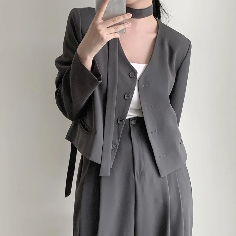 Women's Vintage Blazer and Pants Suits Two Pieces Set Outfits Spring Autumn V Neck Jacket with High Waist Long Trousers 2024