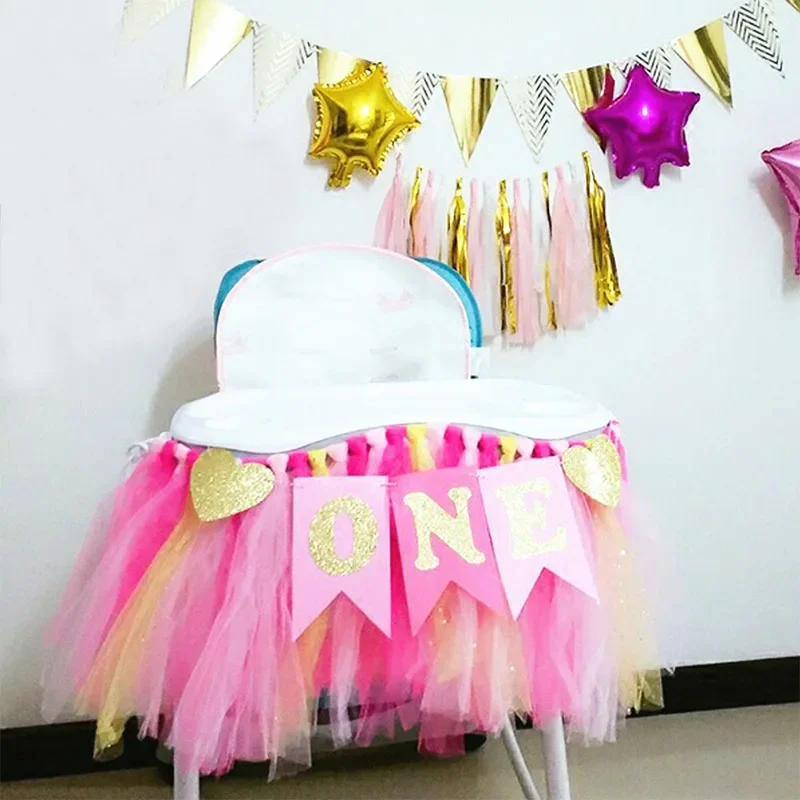 Boy Girl First Birthday Party Baby Chair Flag Banner Pink Blue One Year Old Birthday Hanging Bunting Celebrate Party Decor