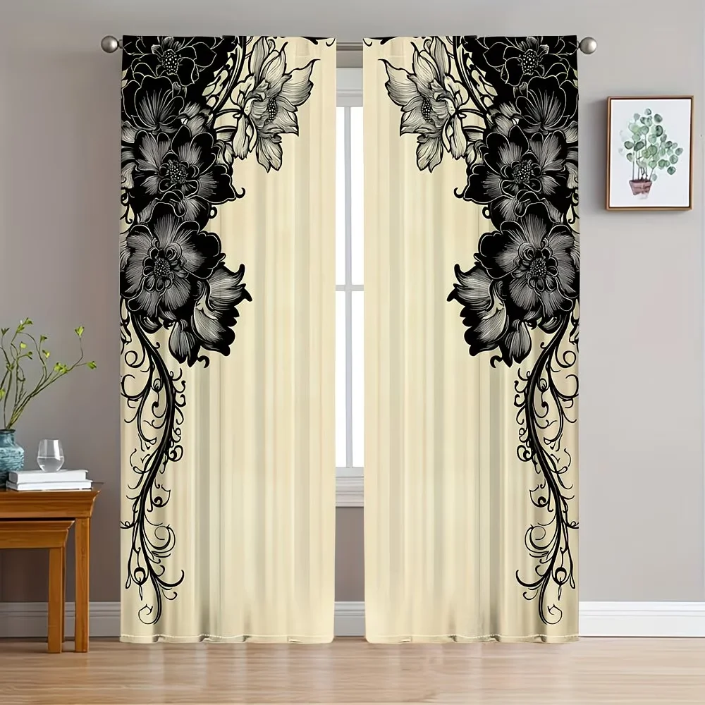 

2pcs Curtains Victorian-Style Black Floral Pattern Window Drapes For Bedroom Living Room Decoration Window Treatment.