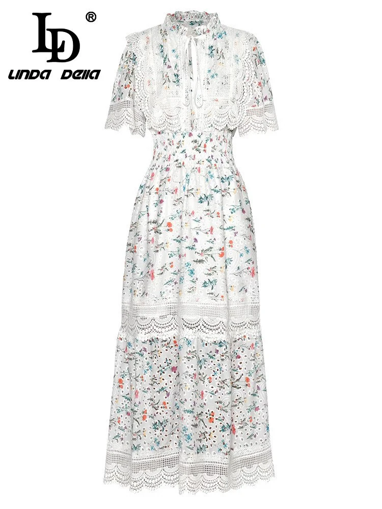 

LD LINDA DELLA 2024 New Style Runway Designer Dress Women's Bohemian Floral Print Embroidery Hollow Out Elastic Waist Dresses