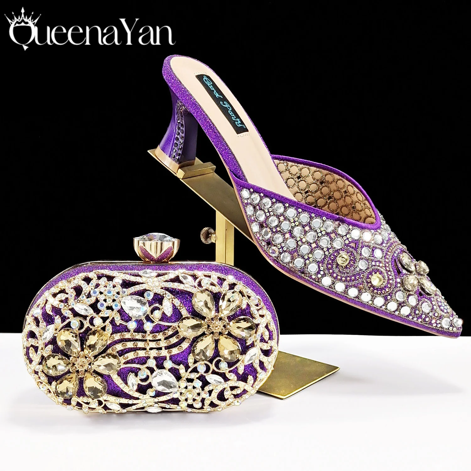 QSGFC Nigeria Design Rhinestone-encrusted Sex Ladies Shoes And Oval Bag High Heels And Purple Color Mini Bag