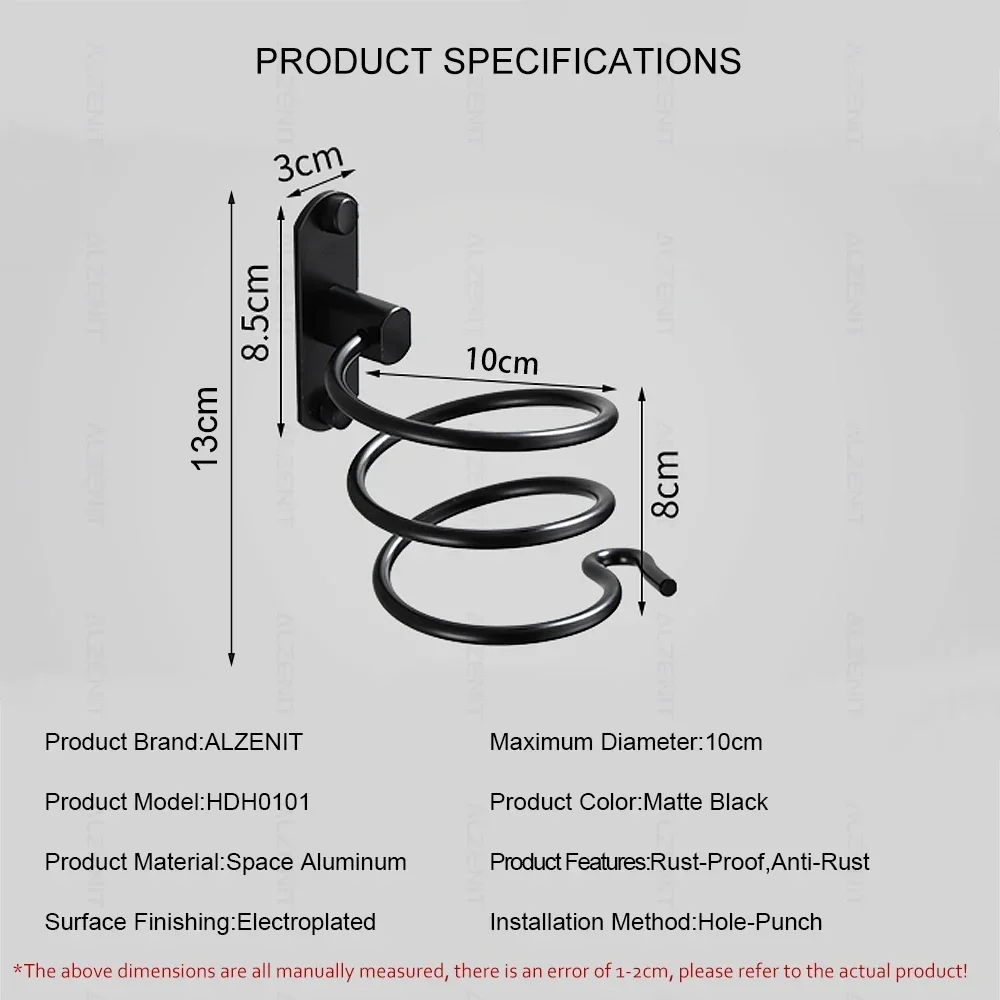 Suporte para secador de cabelo, espiral, rack de armazenamento, preto fosco, alisadores, organizador, montagem na parede, prateleira de alumínio,