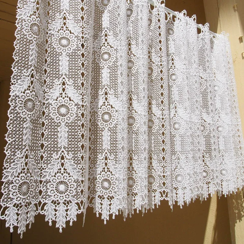 American Geometry Crochet Hollow Short Curtains for Kitchen Partition Manual Rhombus Linen Flowers Lace Half Curtains #A122