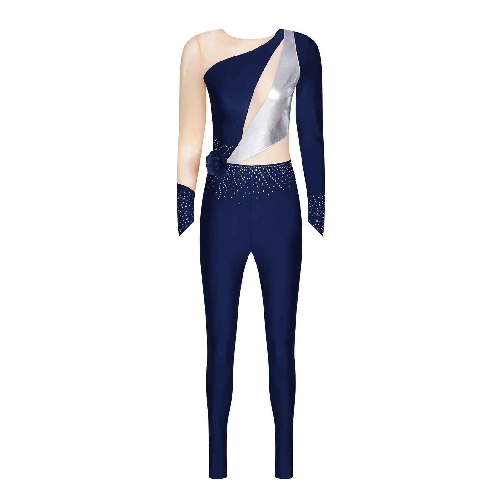 Womens Gymnastics Artistic Figure Skating Ballet Dance Performance Costume Unitards Jumpsuit Shiny Rhinestone Rompers Bodysuit