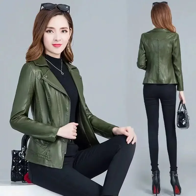 Orwindny Women Leather Coat L-3XL- 5XL Army Green Leather Jacket Female Slim Casual Autumn Leather Clothing Base Zipper Suede