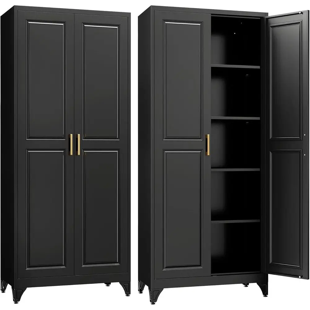 

75 Black Metal Kitchen Pantry Cabinet with 4 Adjustable Shelves and 2 Gold Handles for Living Room or Bathroom Use