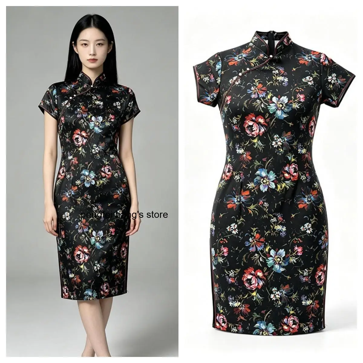 Elegant Ladies 2026 Vintage Floral Printed Mid-Length Modified Cheongsam Black Background Slimming Oriental Daily Party Qipao
