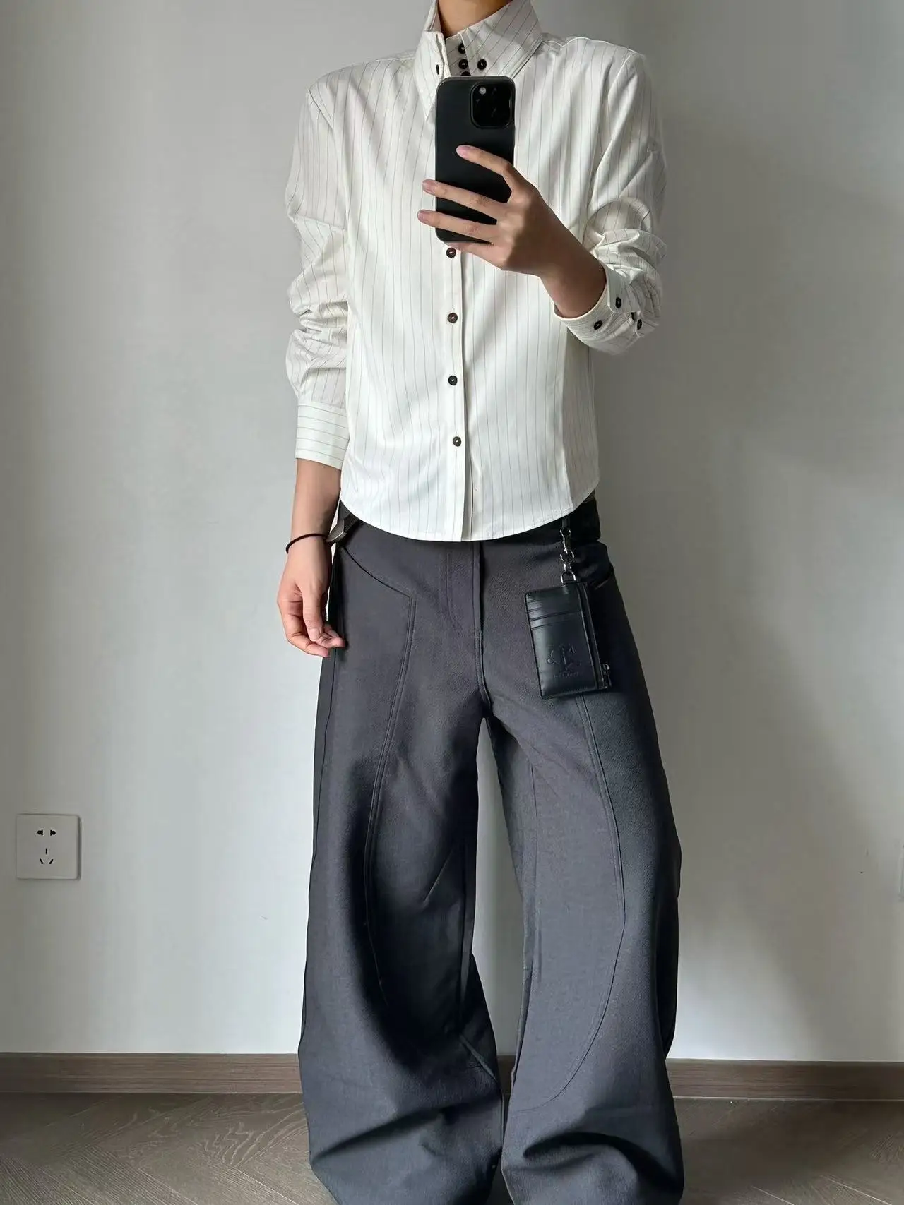 

Ele High Collar Stripe Long Sve irt Men's Versatile Multi-Button Design Commute Friendly Comfortable Breathable