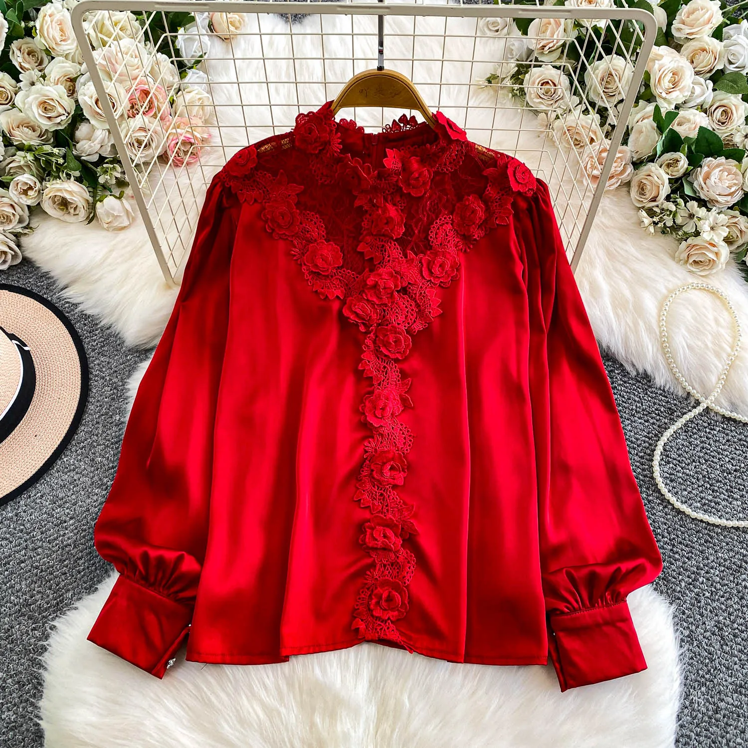 

Vintage basics long sleeve satin lace Blouse Korean Fashion Sexy office lady Shirt women clothing